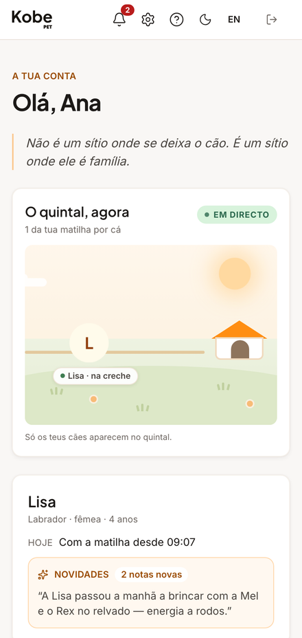 Ecrã inicial da app do cliente — a Lisa está na creche desde as 09:07