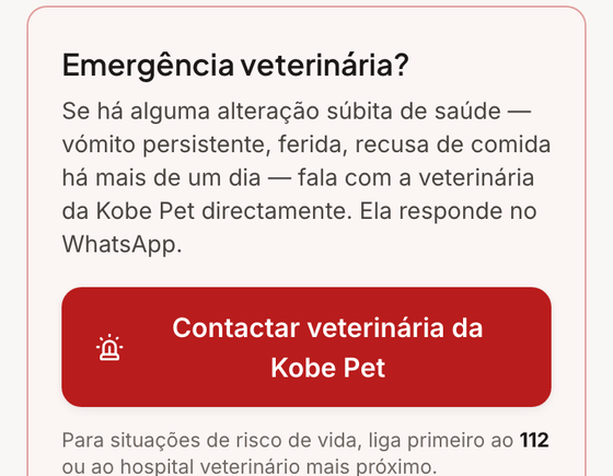 Ecrã da app: botão para contactar a veterinária da Kobe Pet directamente pelo WhatsApp