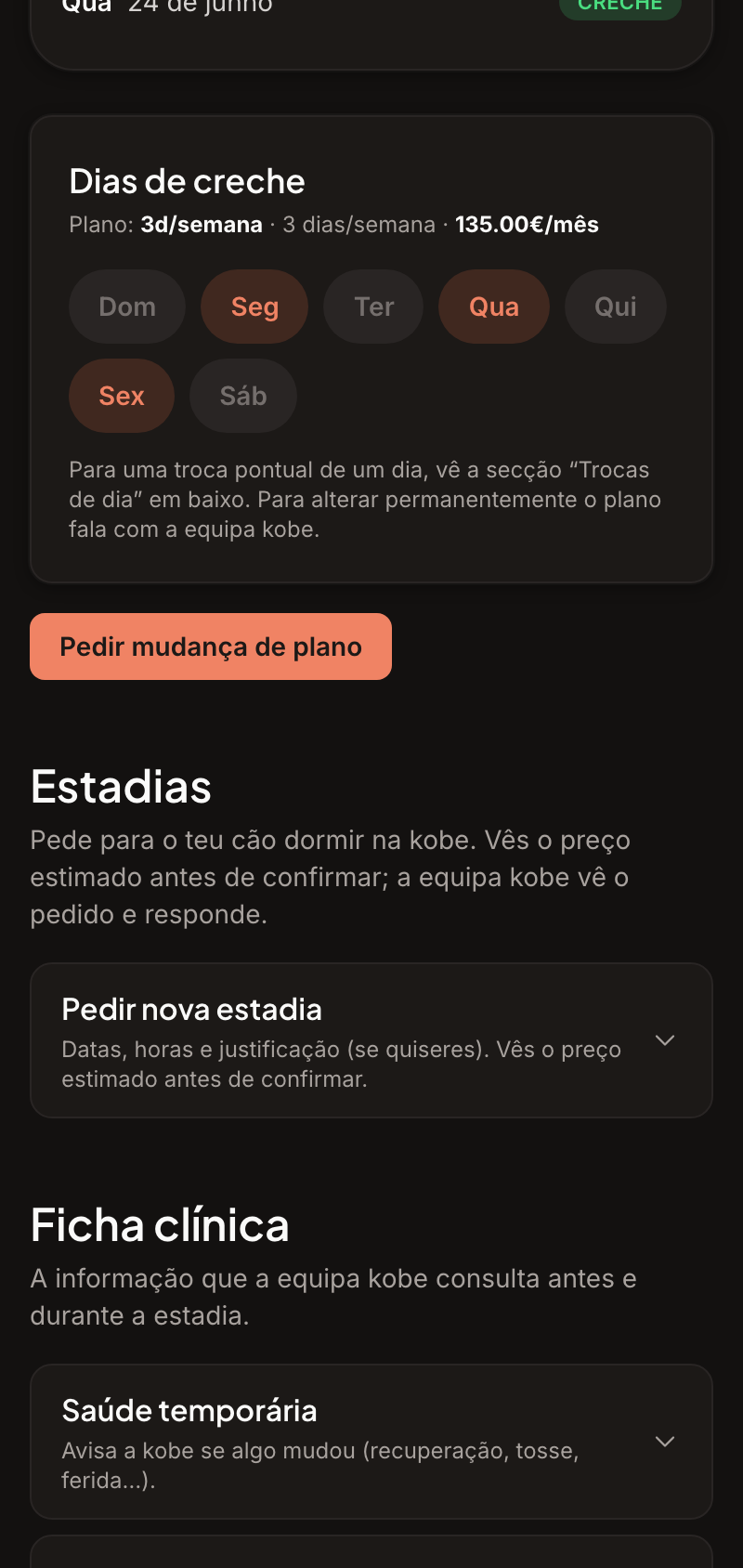 Pedir uma estadia e ficha clínica na app