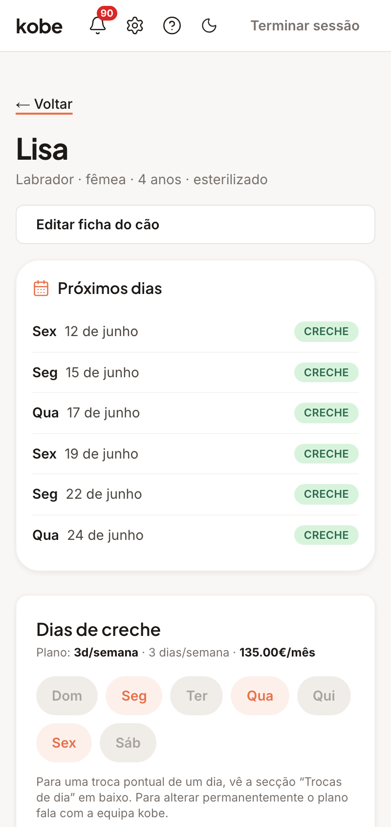 Ficha do cão na app — próximos dias e plano de creche