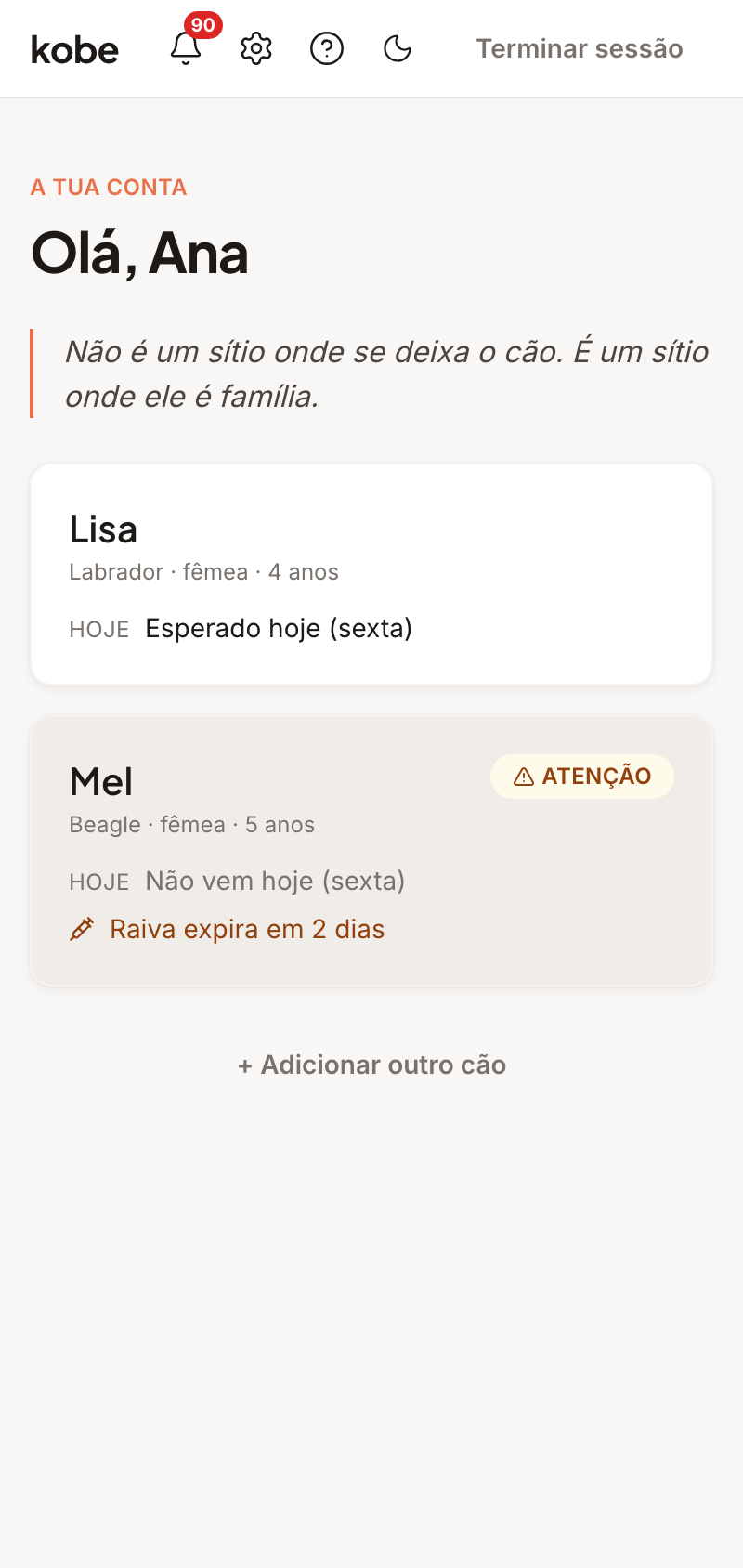 Ecrã inicial da app do cliente, com os cães e o dia de hoje